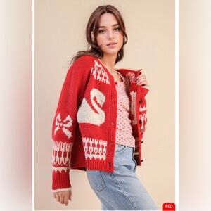 Very J Red and White Swan Cardigan